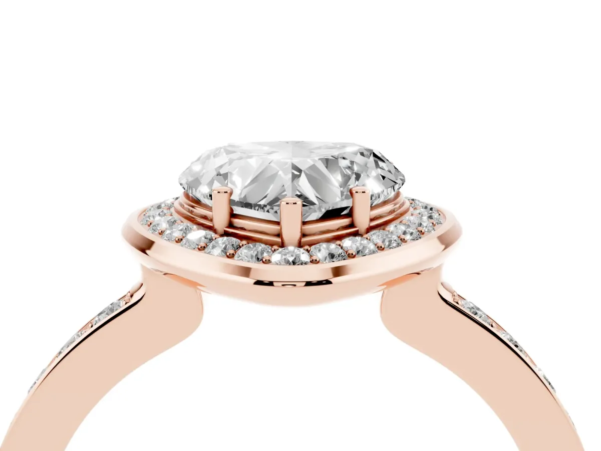 Heart Cut Diamond Halo Ring with Bezel Frame and Pavé Band Rose gold