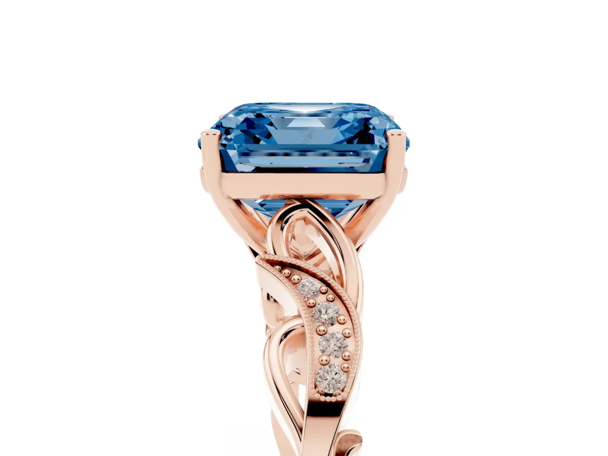 Fancy Blue Asscher Cut Solitaire Vine Band with Milgrain Prong Setting Rose gold