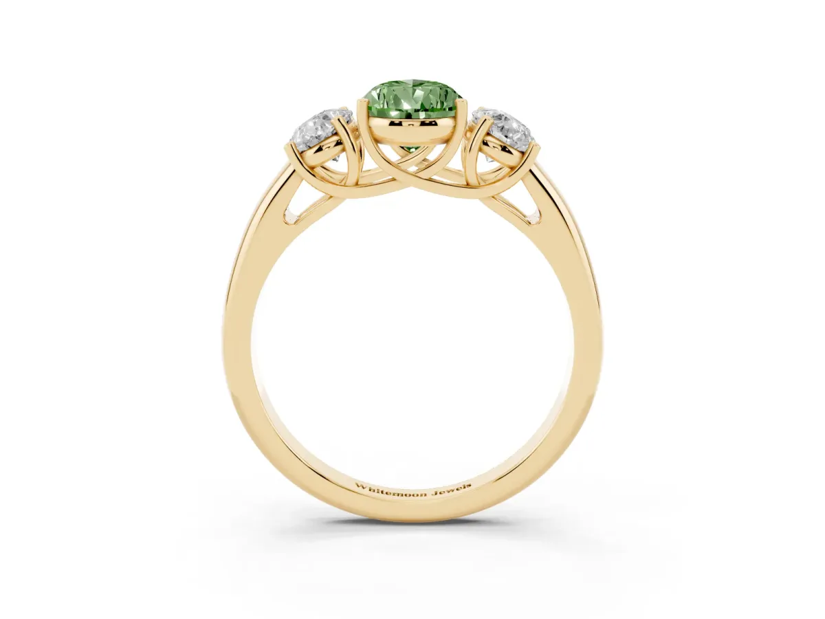 Fancy Green Three-Stone Pear Cut Diamond Engagement Ring with Prong Setting Yellow gold