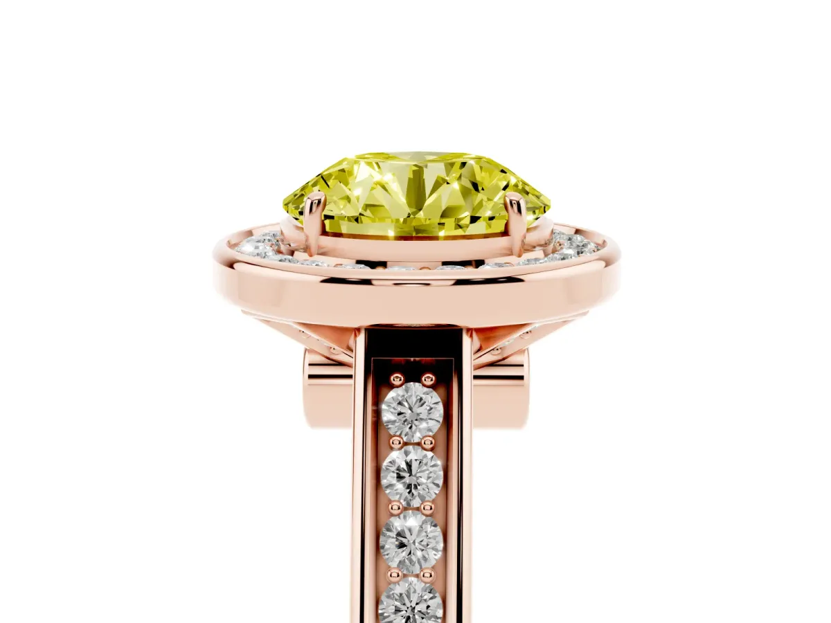 Fancy Yellow Round Cut Halo Solitaire Diamond Ring with Pave Band and Bezel Setting Rose gold