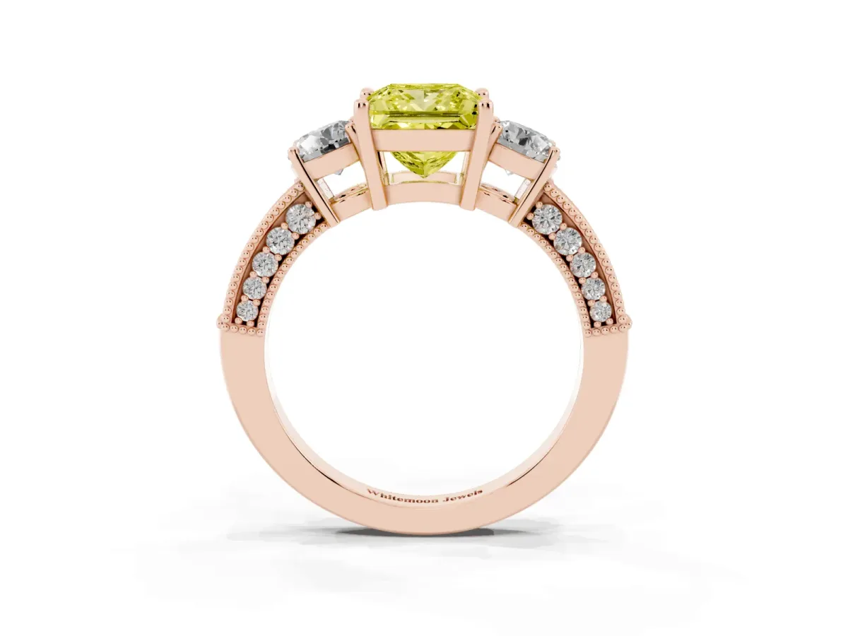 Fancy Yellow Princess Cut Three-Stone Diamond Ring with Pavé Band and Four-Prong Setting Rose gold