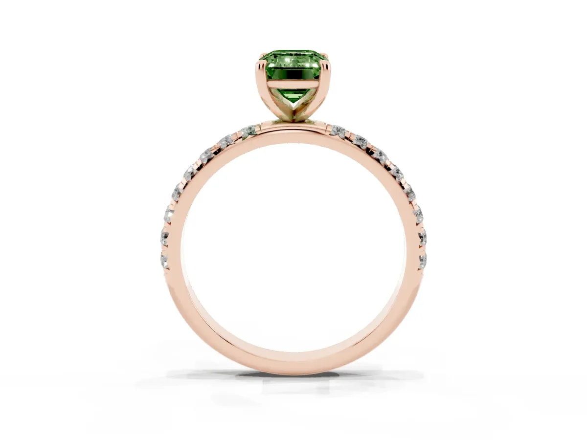 Fancy Green Emerald Cut Cut Diamond Solitaire Ring with Micro Pave Band and Four Prong Setting Rose gold