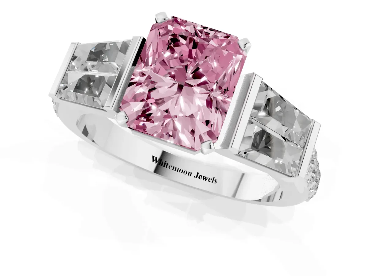 Fancy Pink Radiant Cut Diamond Engagement Ring with Baguette Side Stones and Channel Set Band Platinum