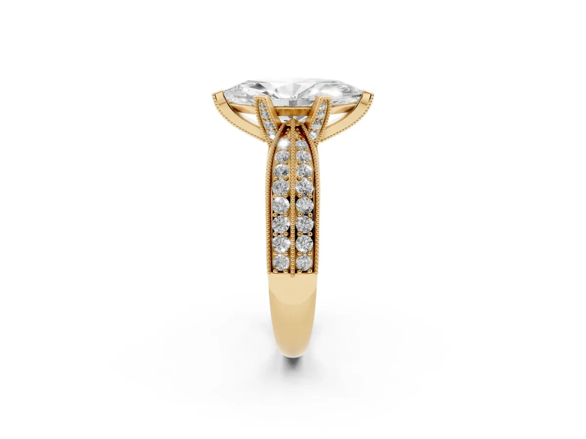 Marquise Cut Diamond Solitaire Ring with Milgrain Round Pavé Band and Prong Setting Yellow gold