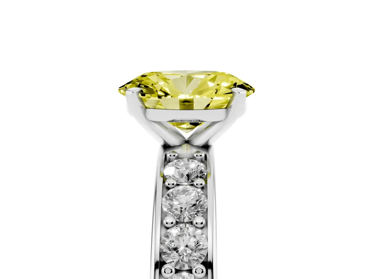 Fancy Yellow Oval Cut Diamond Engagement Ring with Channel Set Round Band and Prong Setting Silver