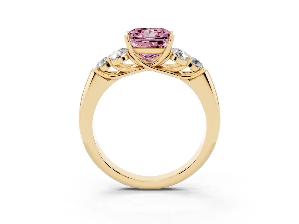 Fancy Pink Princess Cut Cut Diamond Cluster Ring with Round Accent Stones and Prong Setting on a Classic Band Yellow gold