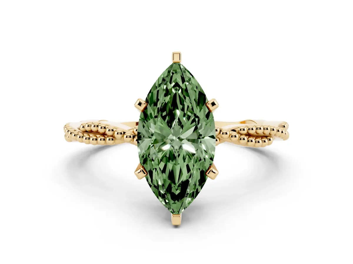Fancy Green Marquise Cut Solitaire Twisted Band with Bead Prong Setting Yellow gold