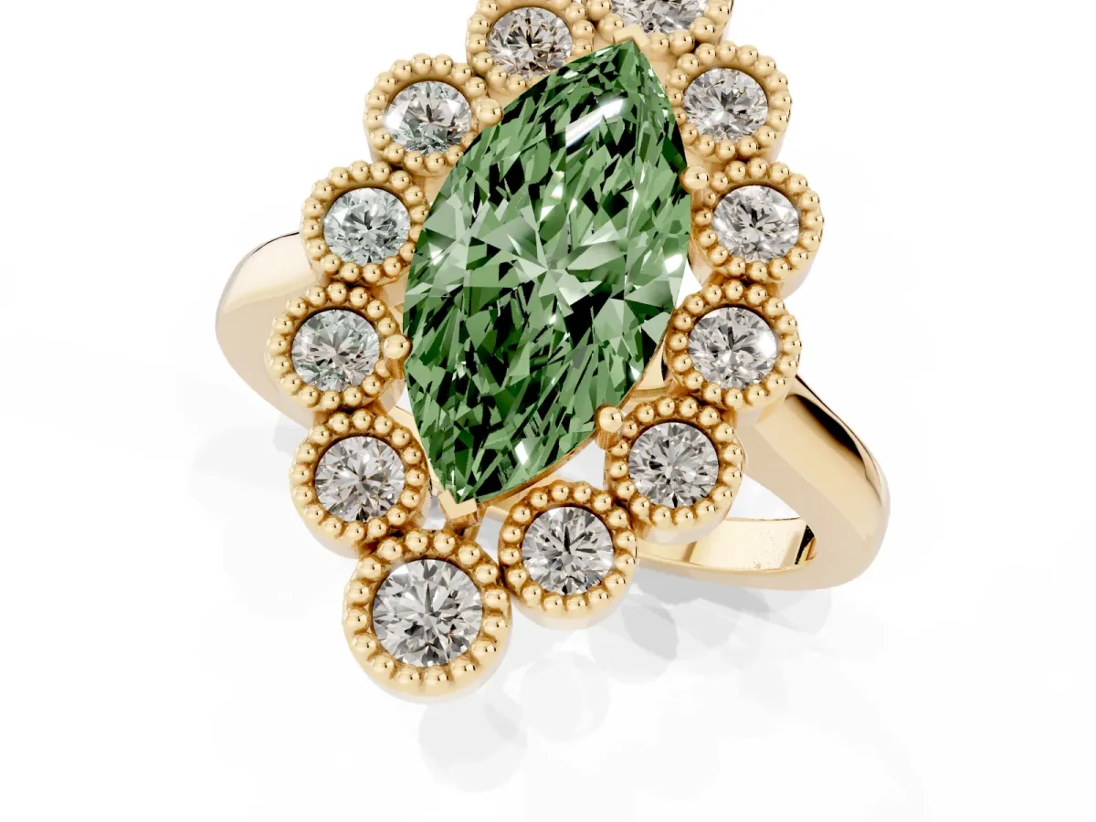Fancy Green Marquise Cut Halo Diamond Cluster Engagement Ring with Milgrain Bezel Setting and Solitaire Band Yellow gold