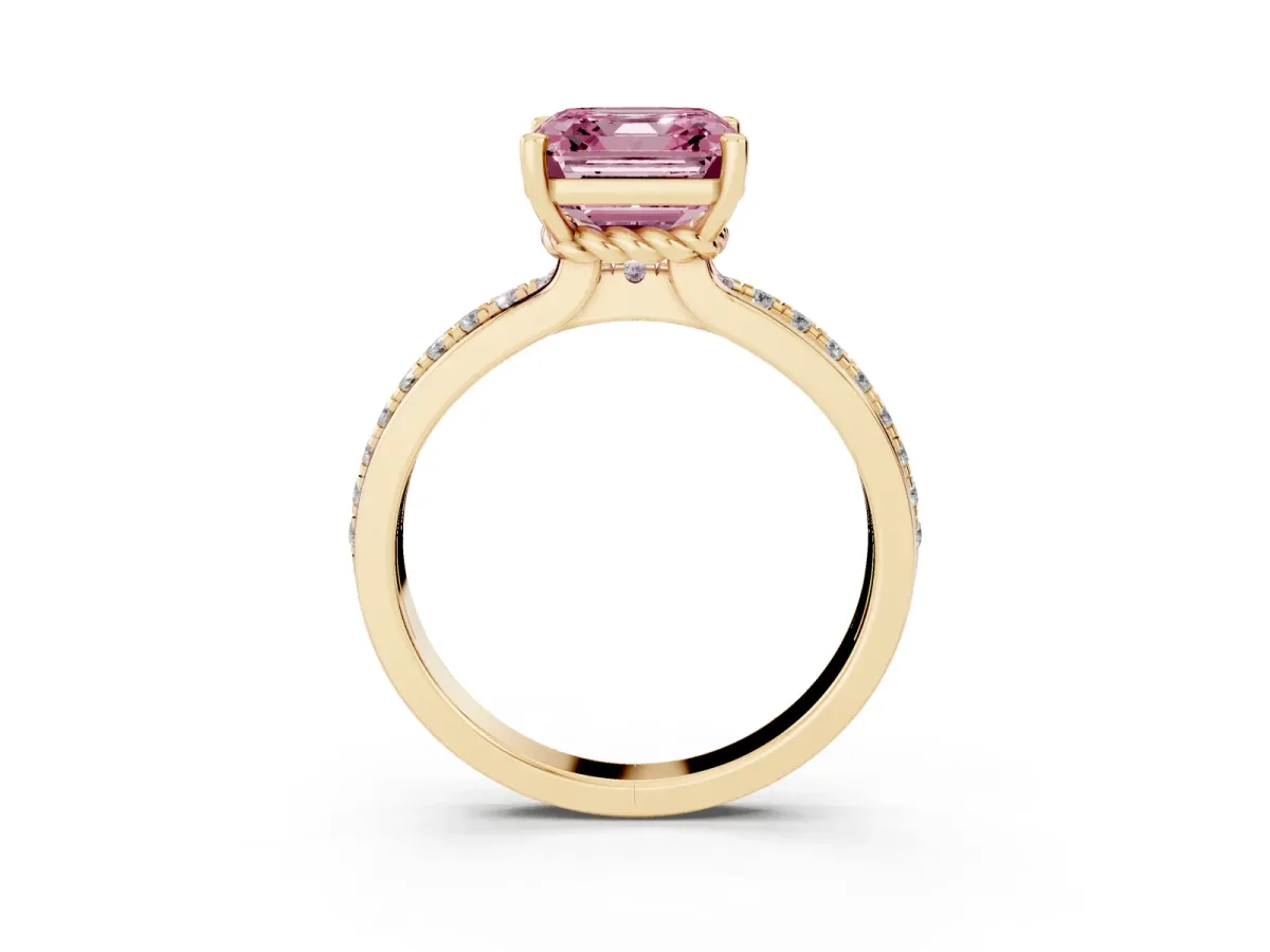 Fancy Pink Asscher Cut Solitaire Diamond Ring with Channel Set Band and Six-Prong Setting Yellow gold