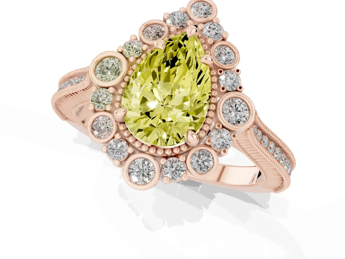 Fancy Yellow Pear Cut Halo Milgrain Pave Diamond Ring with Four-Prong Setting Rose gold