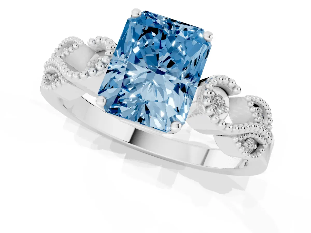 Fancy Blue Princess Cut Solitaire Milgrain Leaf Band with Prong Setting Silver