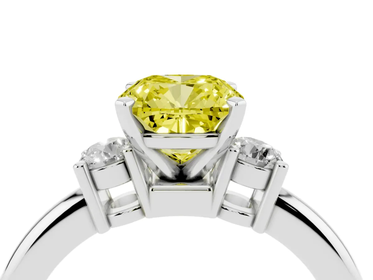 Fancy Yellow Three-Stone Cushion Cut Cut Diamond Solitaire with Prong Setting and Classic Band Platinum
