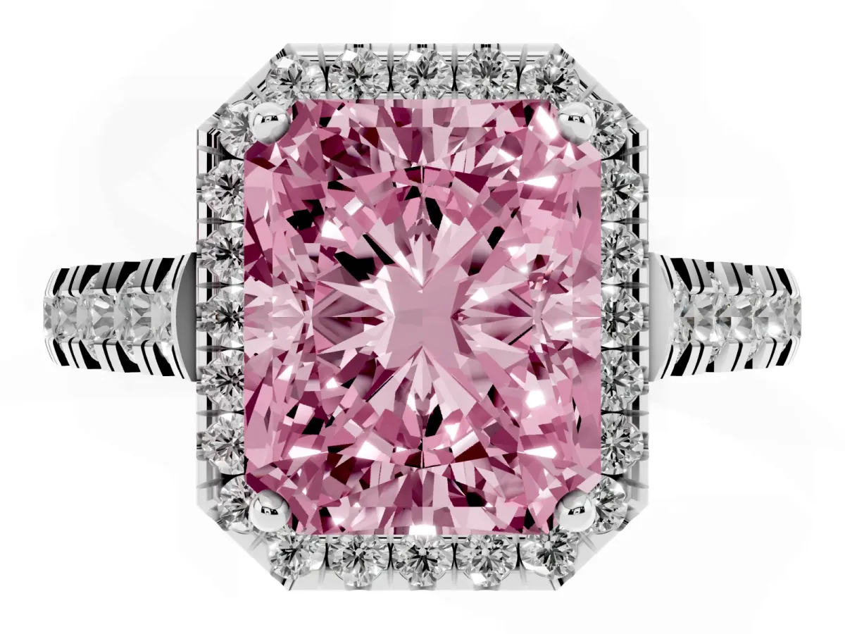 Fancy Pink Radiant Cut Halo Pavé Diamond Engagement Ring with Four-Prong Setting Silver
