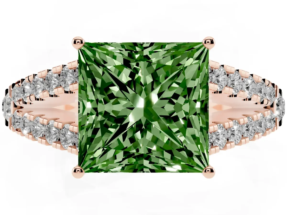 Fancy Green Princess Cut Diamond Split Shank Engagement Ring with Round Pavé and Prong Setting Rose gold
