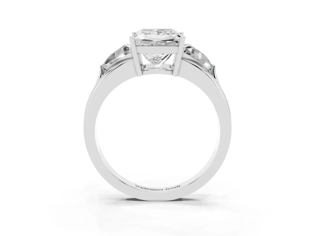 Three-Stone Princess Cut Cut Diamond Ring with Trillion Side Stones on a Split Shank Band Silver