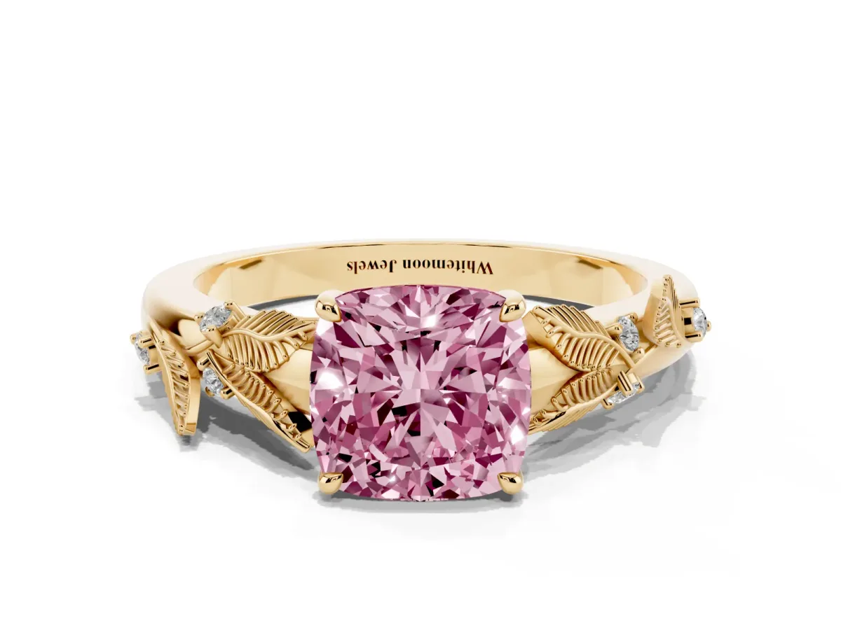 Fancy Pink Cushion Cut Diamond Solitaire Ring with Leaf Motif Band and Four-Prong Setting Yellow gold