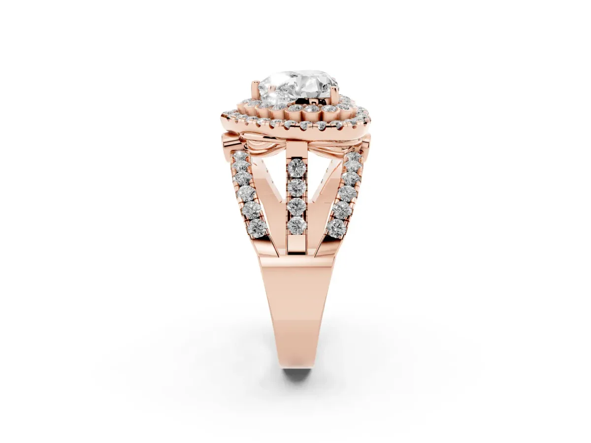 Heart Cut Diamond Double Halo Ring with Round Pavé Split Shank and Prong Setting Rose gold