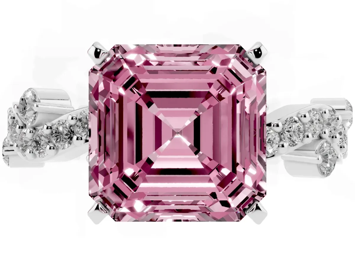 Fancy Pink Asscher Cut Cut Solitaire Diamond Twisted Band with Pave Setting Silver