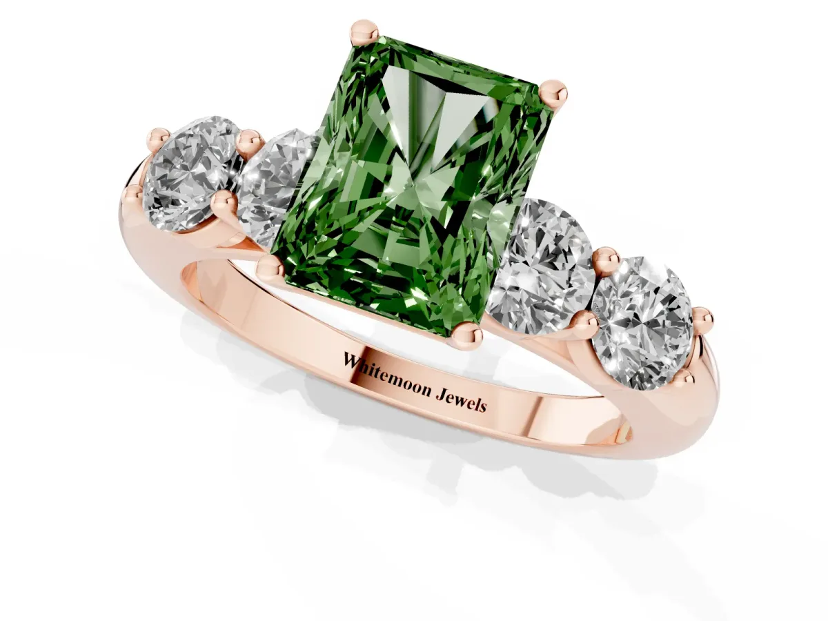 Fancy Green Radiant Cut Cut Five-Stone Prong Set Diamond Ring with Classic Band Rose gold