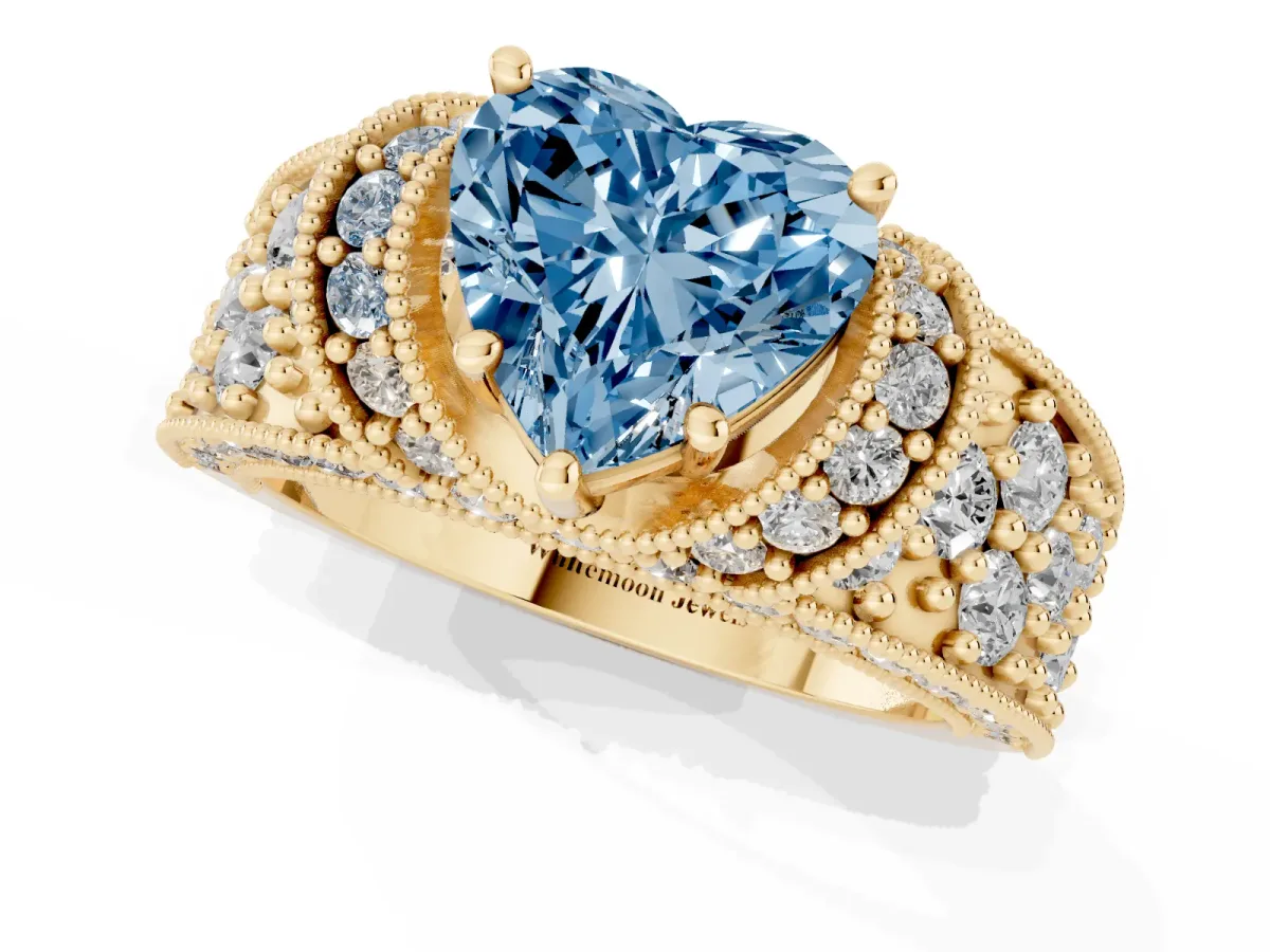Fancy Blue Heart Cut Halo Pave Diamond Engagement Ring with Milgrain Detailing Yellow gold
