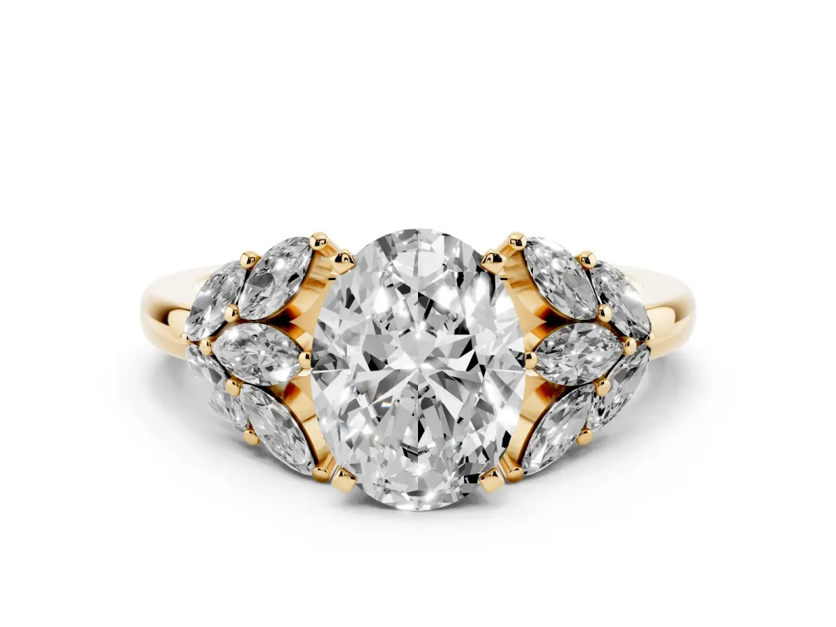 Oval Cut Diamond Cluster Leaf Design Ring with Prong Setting Yellow gold