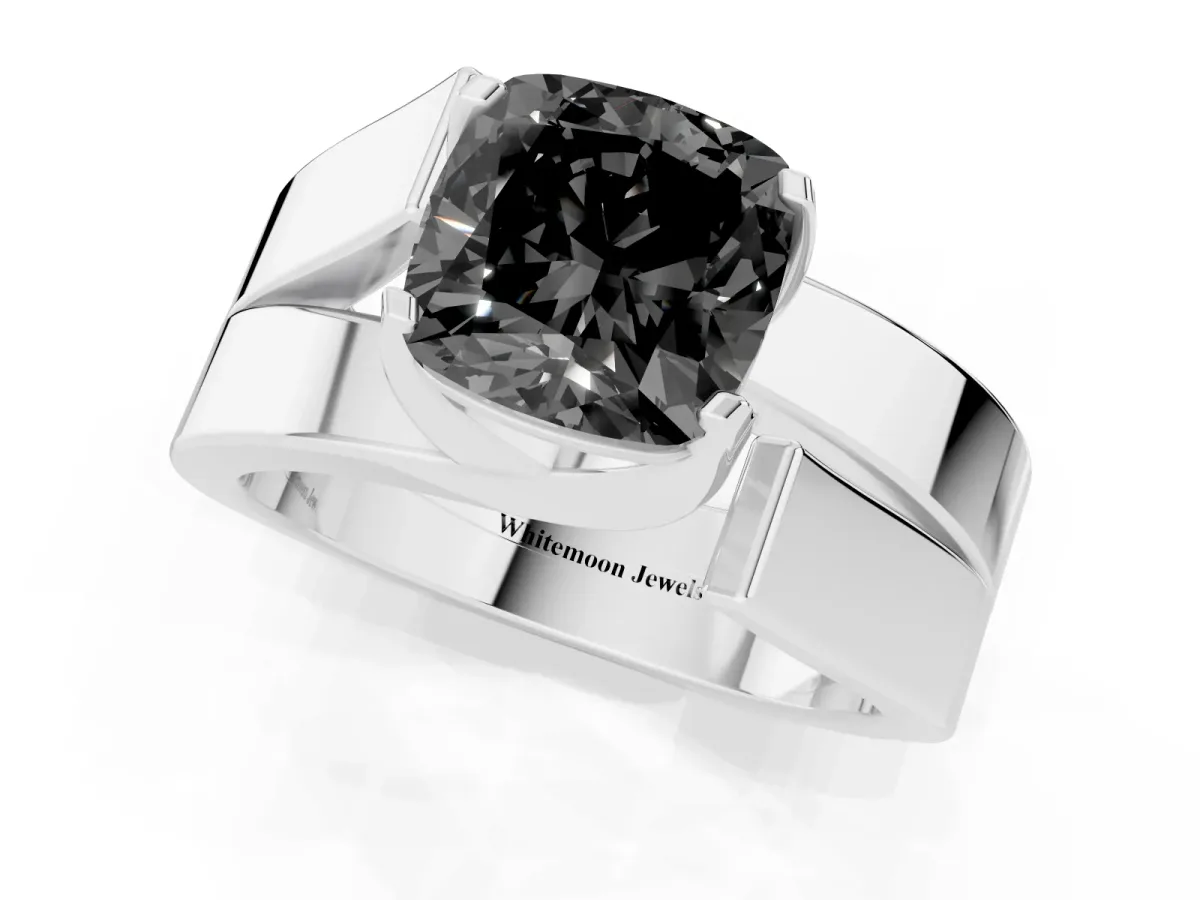 Fancy Black Modern Tension Set Cushion Cut Diamond Solitaire Wide Band Ring Silver