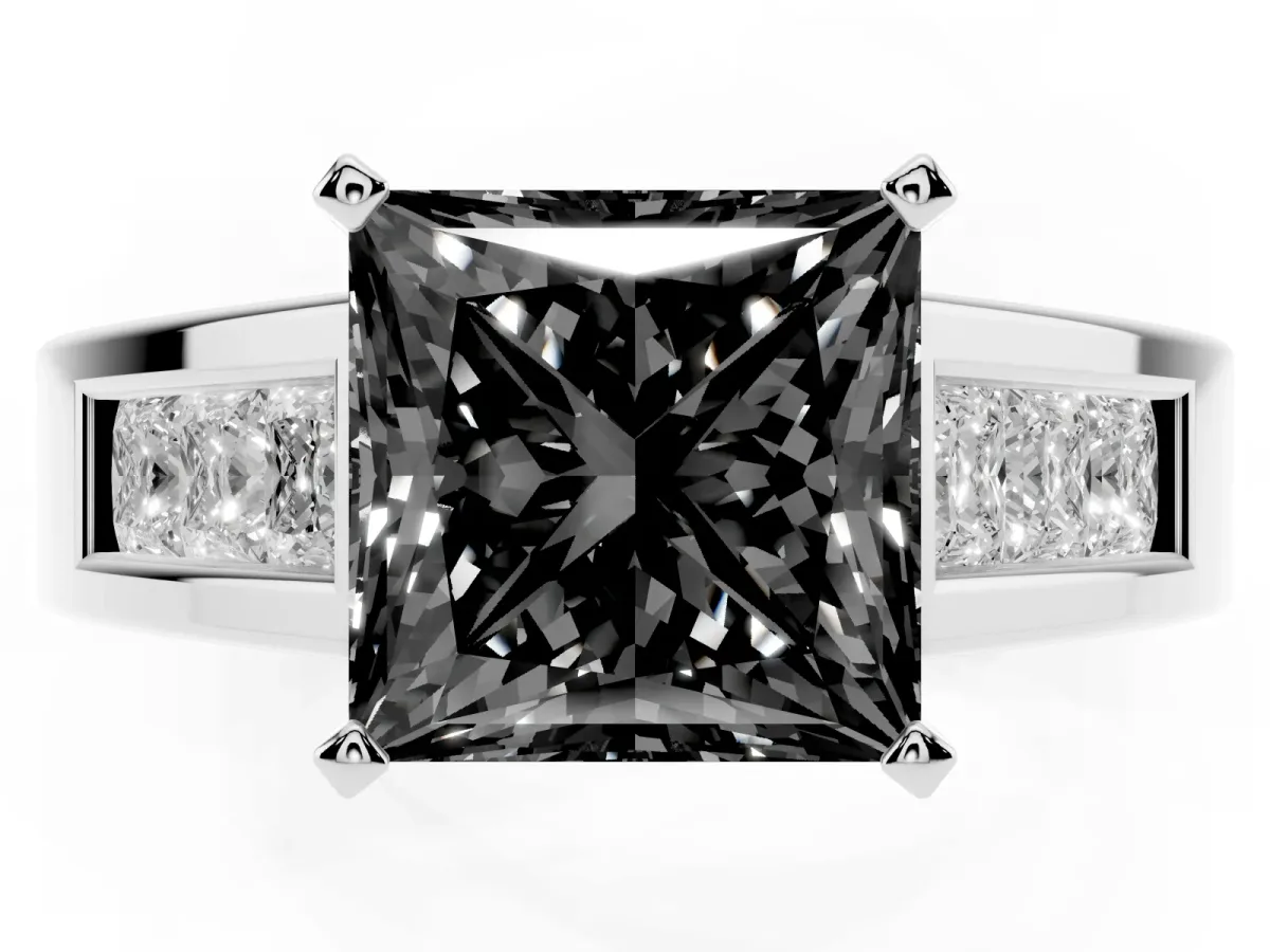 Fancy Black Princess Cut Cut Channel Set Solitaire Ring with Four-Prong Setting Silver