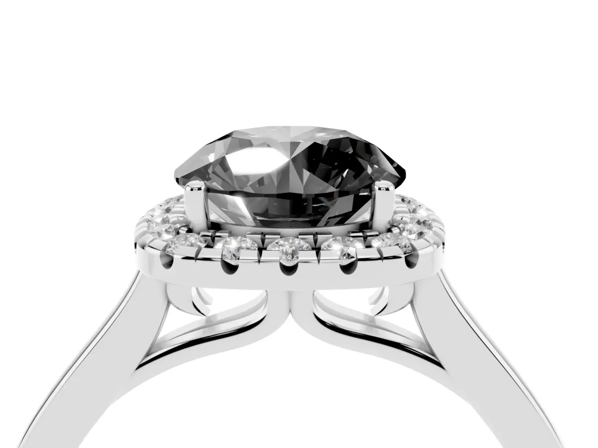 Fancy Black Round Cut Halo Round Diamond Solitaire Ring with Pavé Band and Four-Prong Setting Platinum
