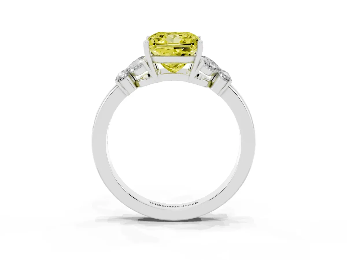 Fancy Yellow Princess Cut Cut Solitaire Floral Diamond Ring with Four-Prong Setting Silver