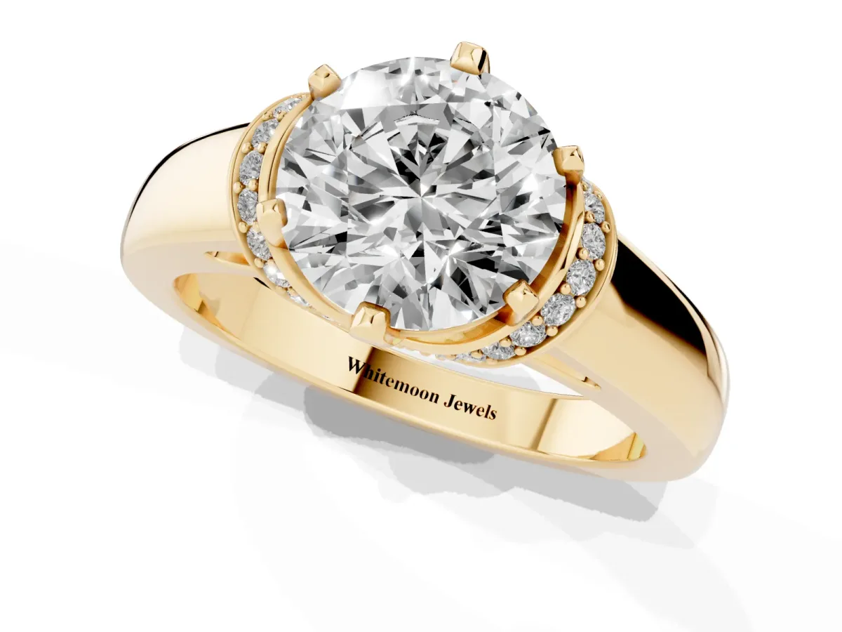 Round Cut Solitaire Diamond Ring with Pave Band and Six-Prong Setting Yellow gold