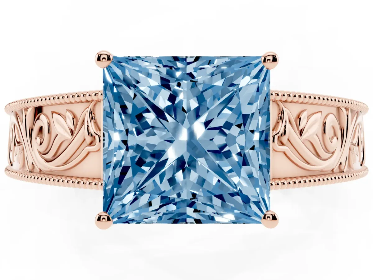 Fancy Blue Princess Cut Diamond Solitaire Ring with Engraved Band and Four-Prong Setting Rose gold