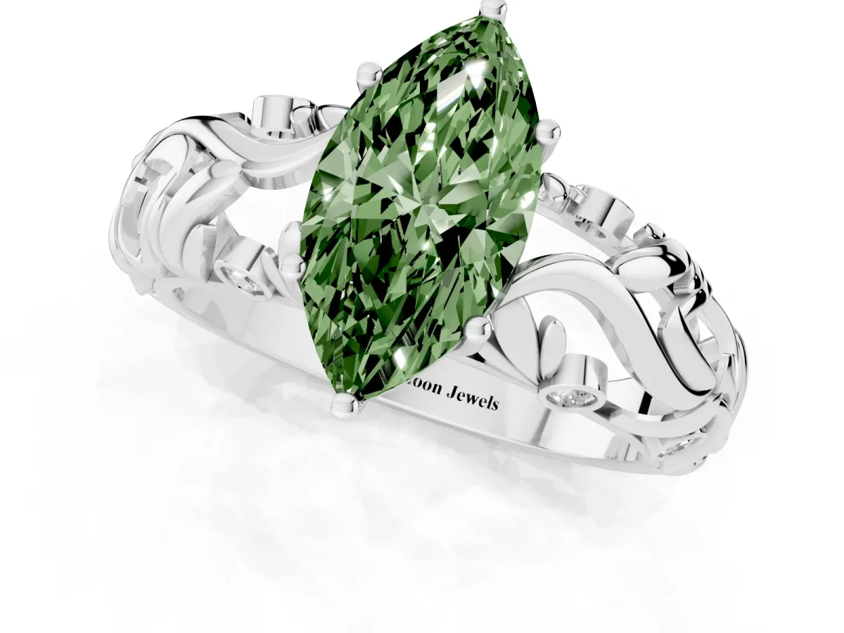 Fancy Green Marquise Cut Solitaire Diamond Leaf-Inspired Vine Band Ring with Prong Setting Silver