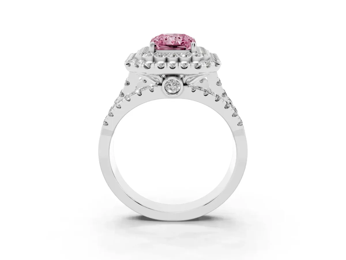 Fancy Pink Radiant Cut Diamond Double Halo Ring with Round Pavé Split Shank and Prong Setting Silver