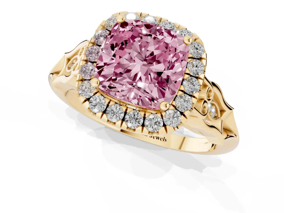 Fancy Pink Cushion Cut Halo Diamond Engagement Ring with Filigree Band and Four-Prong Setting Yellow gold