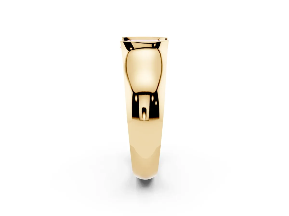 Fancy Pink Emerald Cut Solitaire Bezel Set Diamond Ring with Wide Band Yellow gold