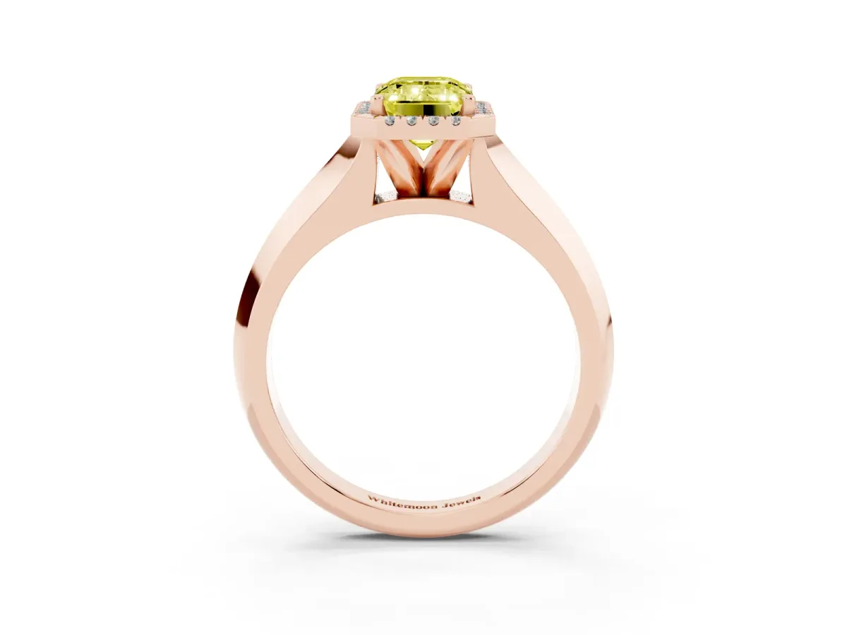 Fancy Yellow Emerald Cut Halo Diamond Ring with Cathedral Band and Four-Prong Setting Rose gold