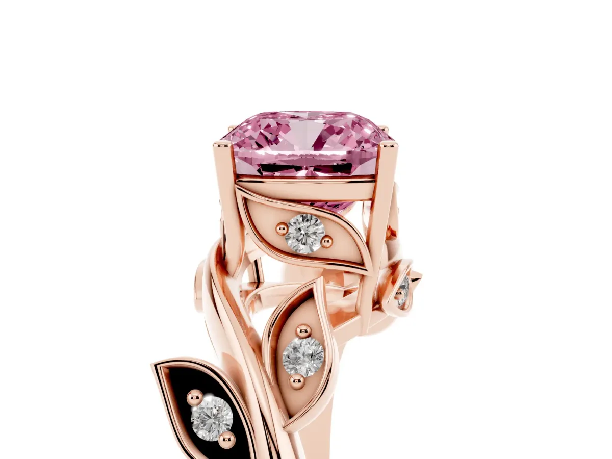 Fancy Pink Cushion Cut Solitaire Twist Engagement Ring with Leaf Accents and Prong Setting Rose gold