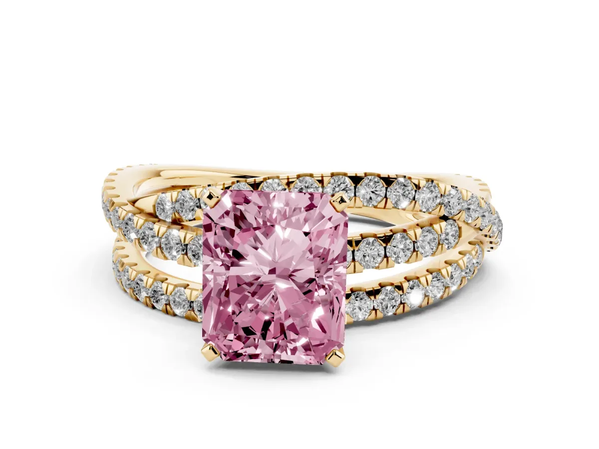 Fancy Pink Radiant Cut Solitaire Twist Band with Pavé Setting and Four-Prong Setting Yellow gold
