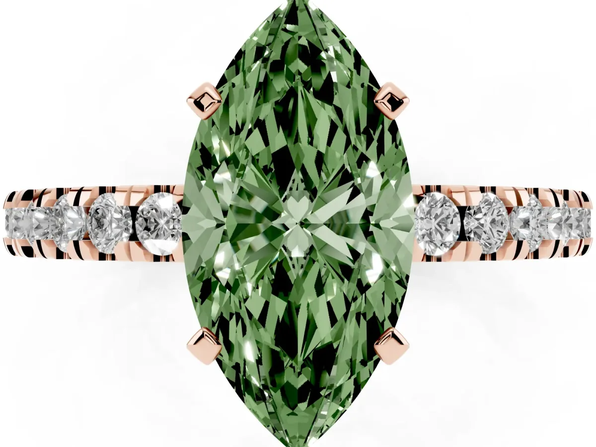 Fancy Green Marquise Cut Solitaire Diamond with Pavé Band and Four-Prong Setting Rose gold
