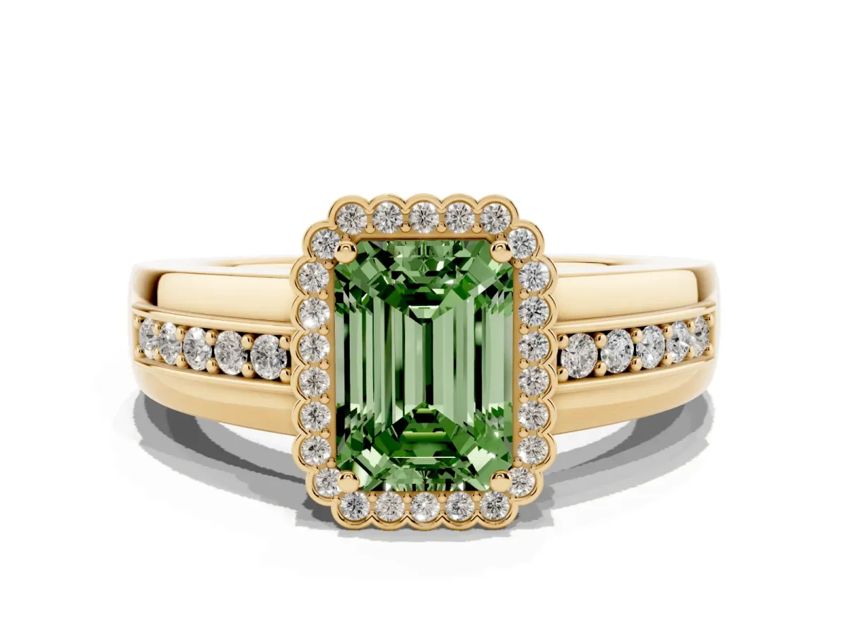 Fancy Green Emerald Cut Cut Halo Pave Band Four-Prong Ring Yellow gold