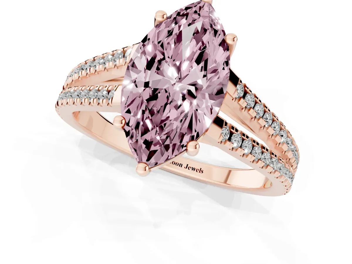 Fancy Pink Marquise Cut Diamond Solitaire Engagement Ring with Split Shank Pavé Band Rose gold