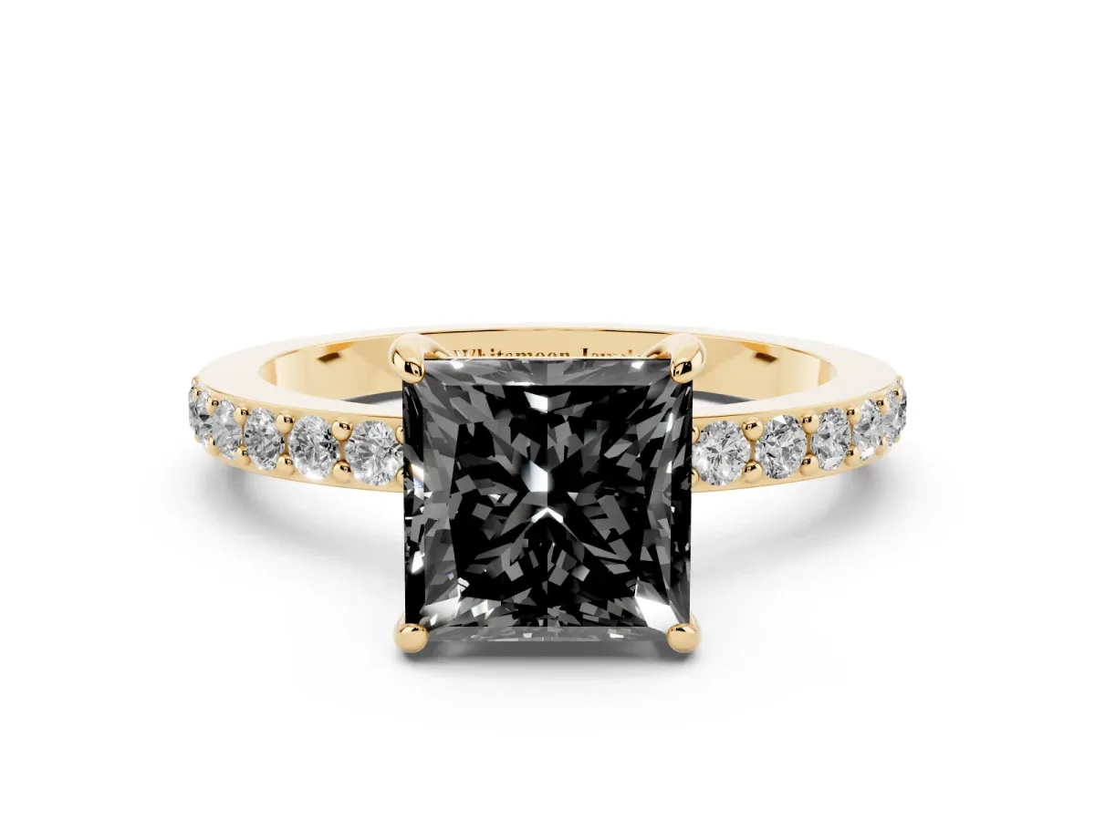 Fancy Black Princess Cut Diamond Pavé Engagement Ring with Round Accents and Prong Setting Yellow gold