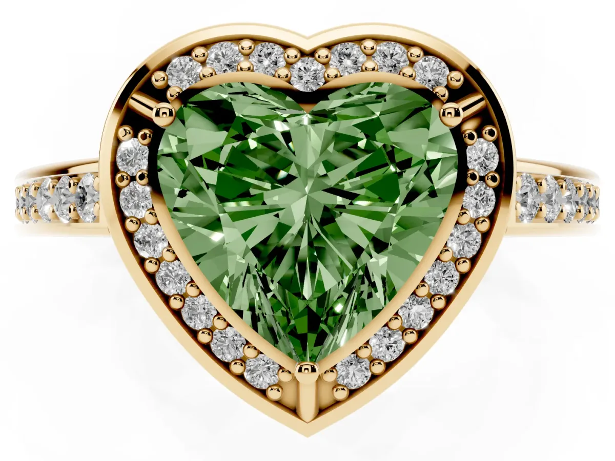 Fancy Green Heart Cut Cut Halo Pave Split Shank Prong Setting Ring Yellow gold