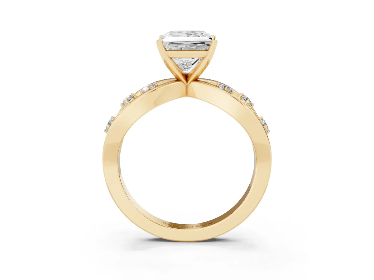 Princess Cut Cut Solitaire Diamond with Side Stones on Criss-Cross Band and Four-Prong Setting Yellow gold