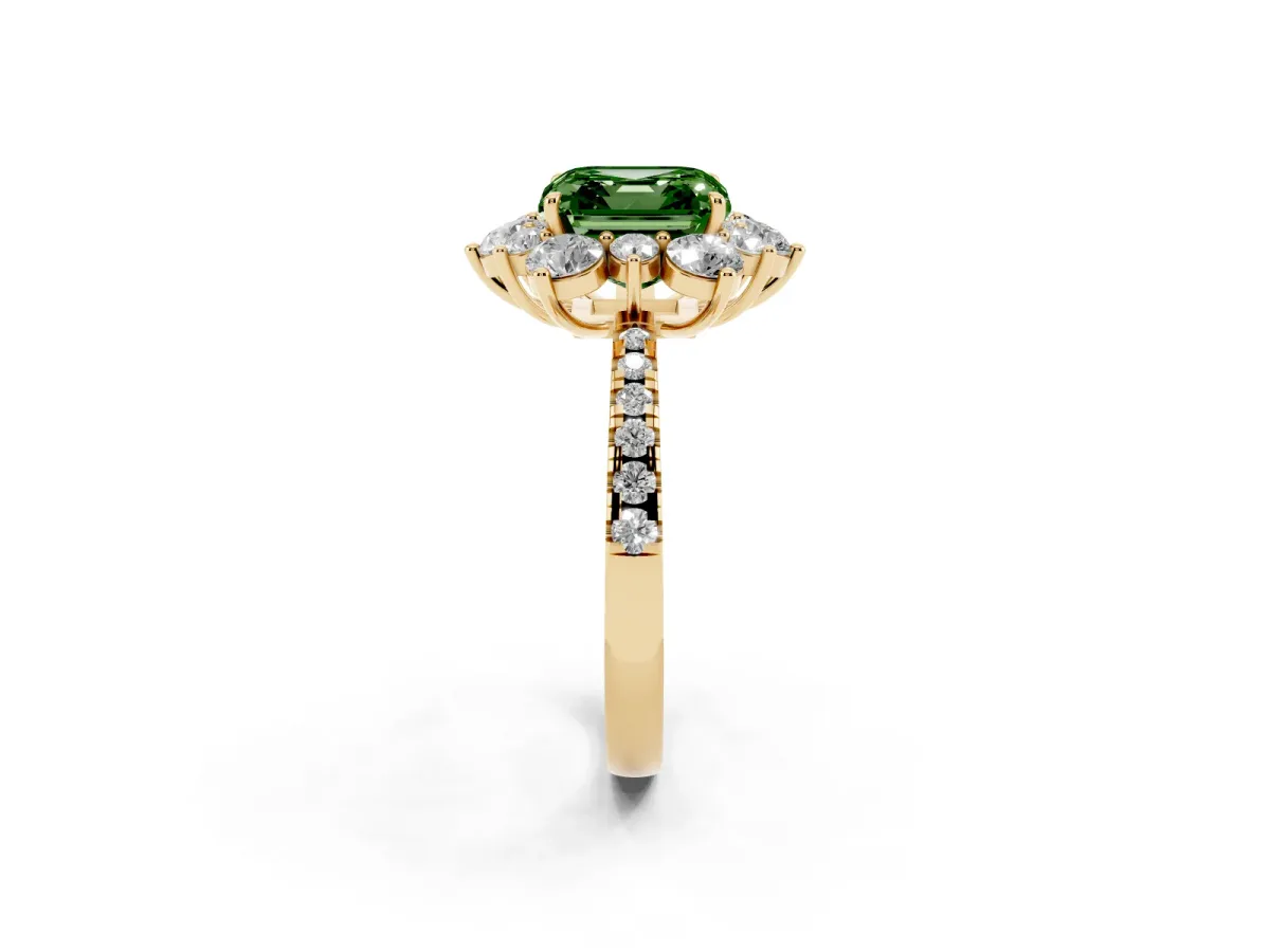 Fancy Green Asscher Cut Diamond Floral Halo Ring with Round Pavé Band and Prong Setting Yellow gold
