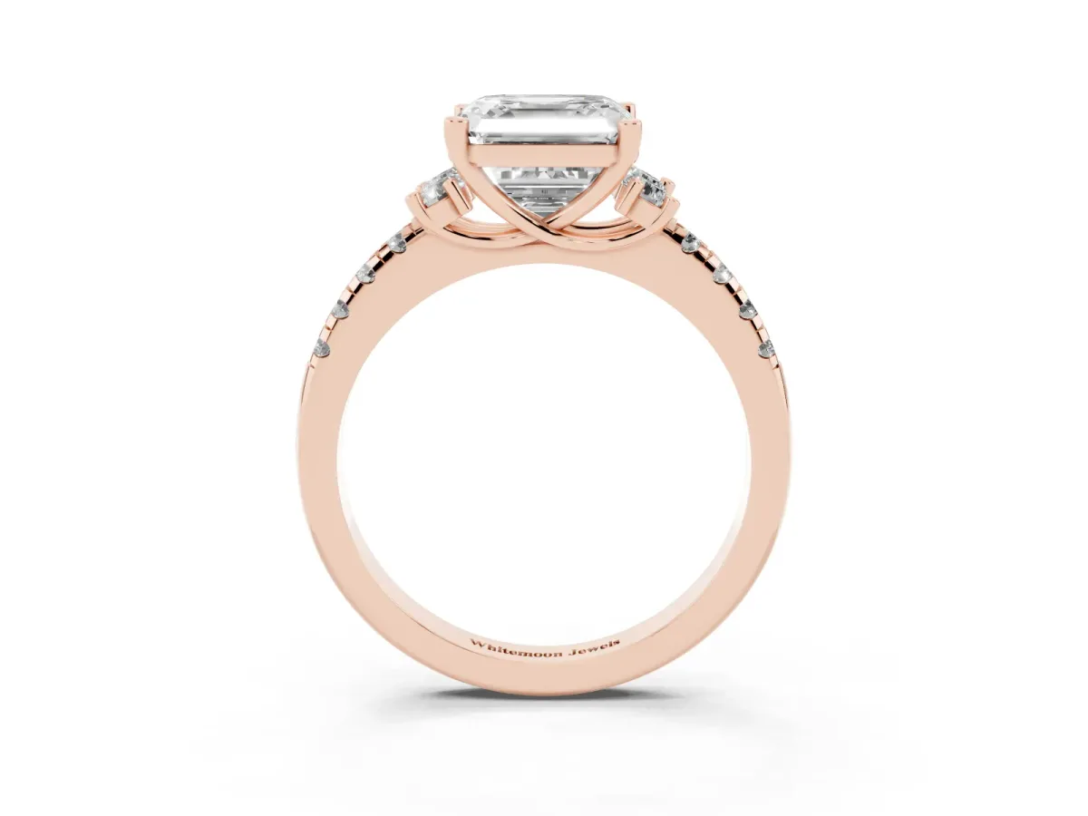 Asscher Cut Diamond Three-Stone Pave Band with Four-Prong Setting Rose gold