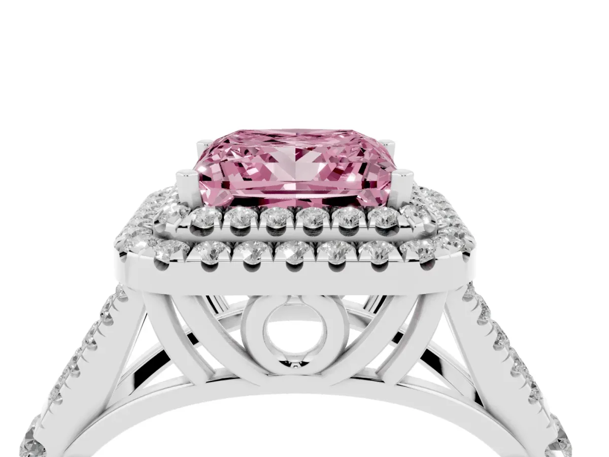 Fancy Pink Princess Cut Diamond Pavé Split Shank Double Halo Engagement Ring Silver
