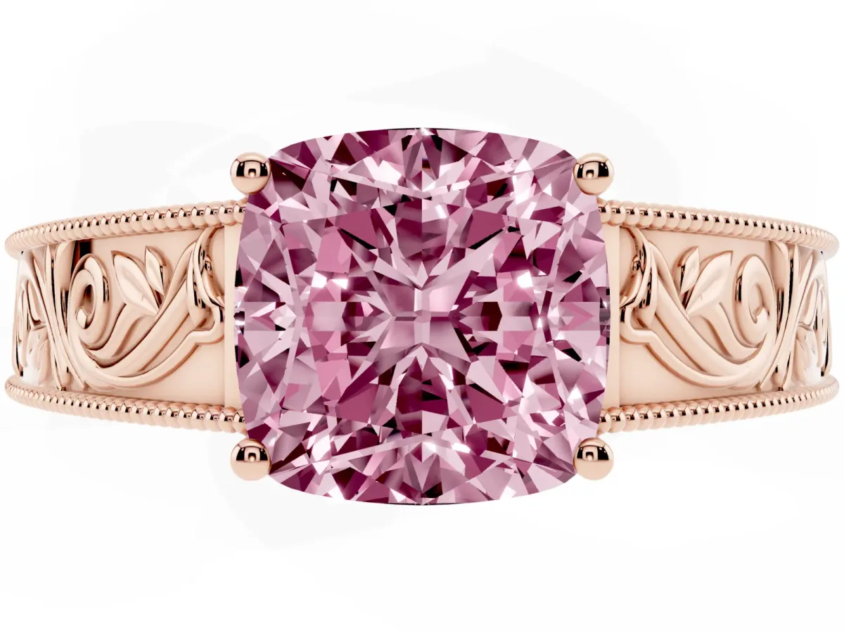 Fancy Pink Cushion Cut Diamond Solitaire Ring with Engraved Band and Four-Prong Setting Rose gold