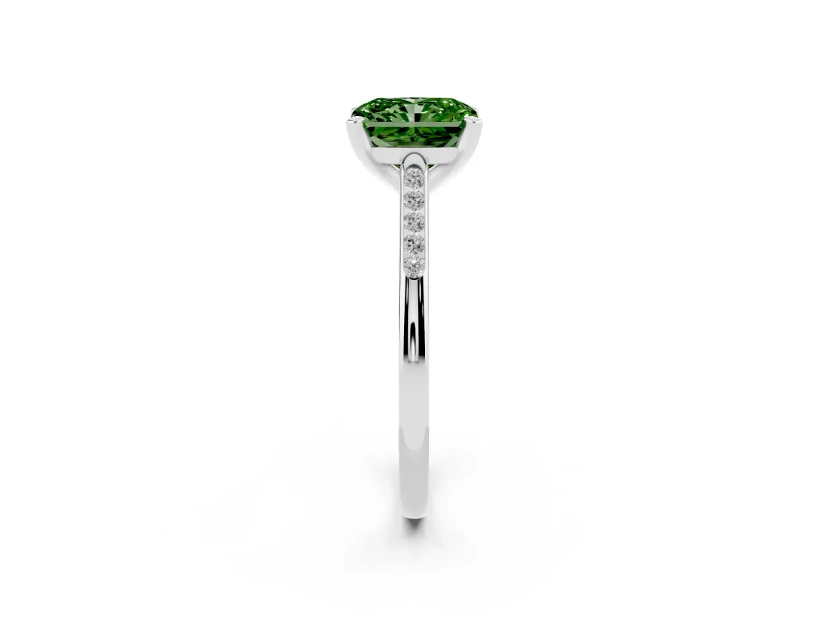 Fancy Green Radiant Cut Diamond Solitaire Ring with Channel Set Round Band and Prong Setting Platinum