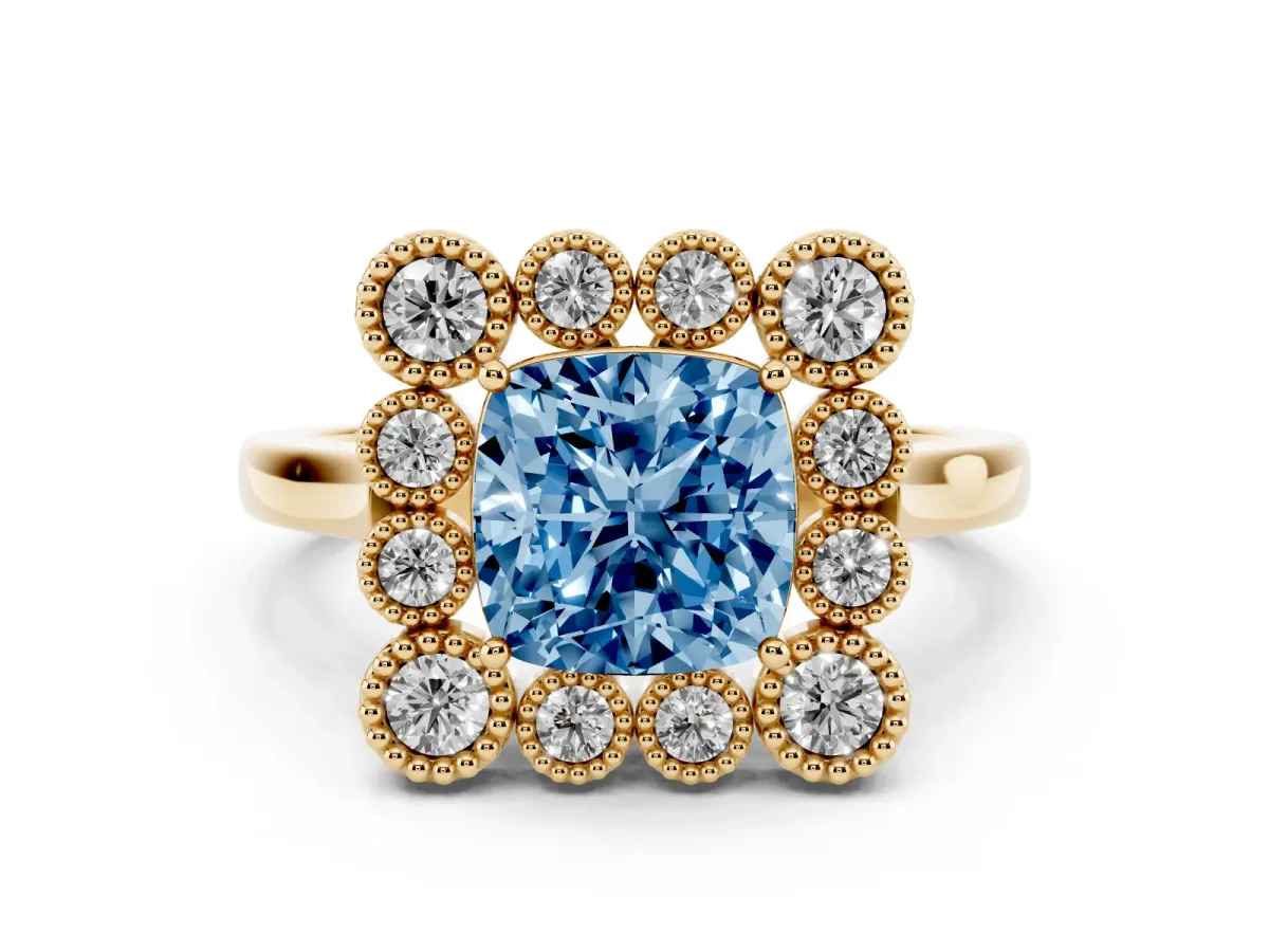 Fancy Blue Cushion Cut Halo Diamond Cluster Engagement Ring with Milgrain Bezel Setting and Solitaire Band Yellow gold